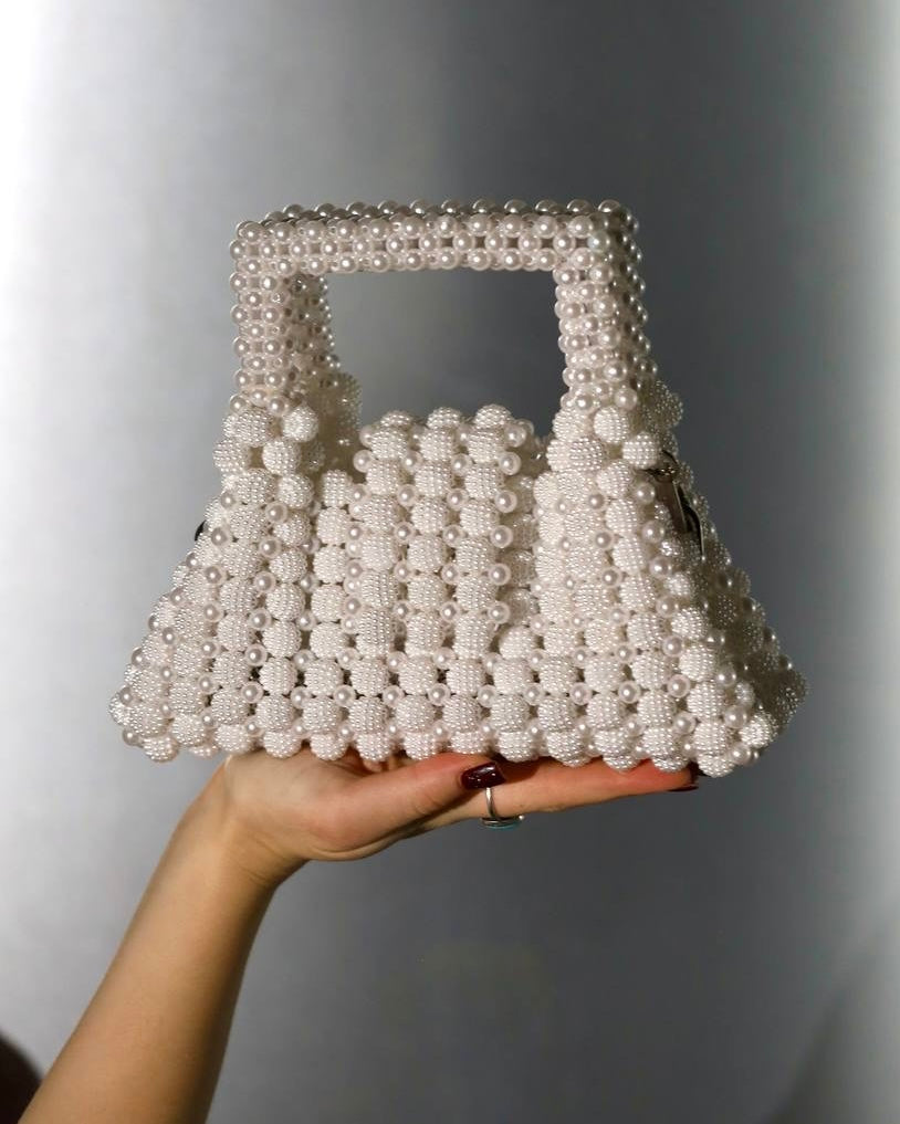 White Pearly Handbag for Her/ Handmade Beaded Purse for Wedding Party