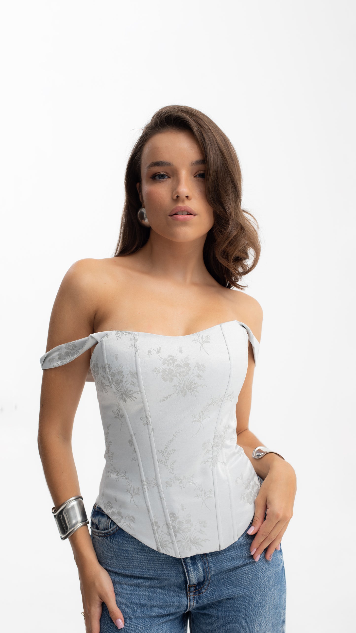 Handmade Grey Satin Floral Overbust Corset Top, Slimming Bridal Gift

