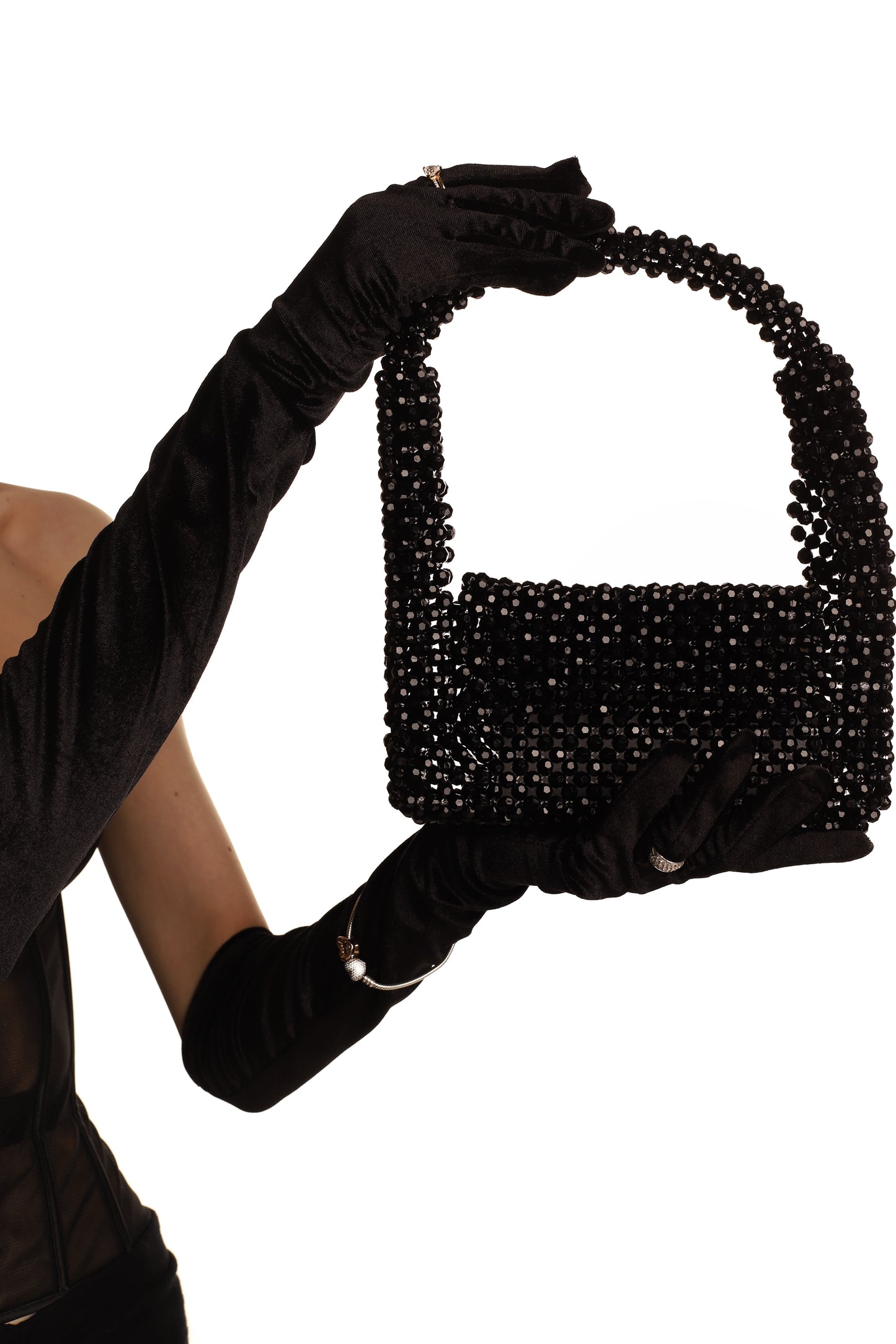 Black Shoulder Bag for Her/ Handmade Beaded Handle Purse for Party Out