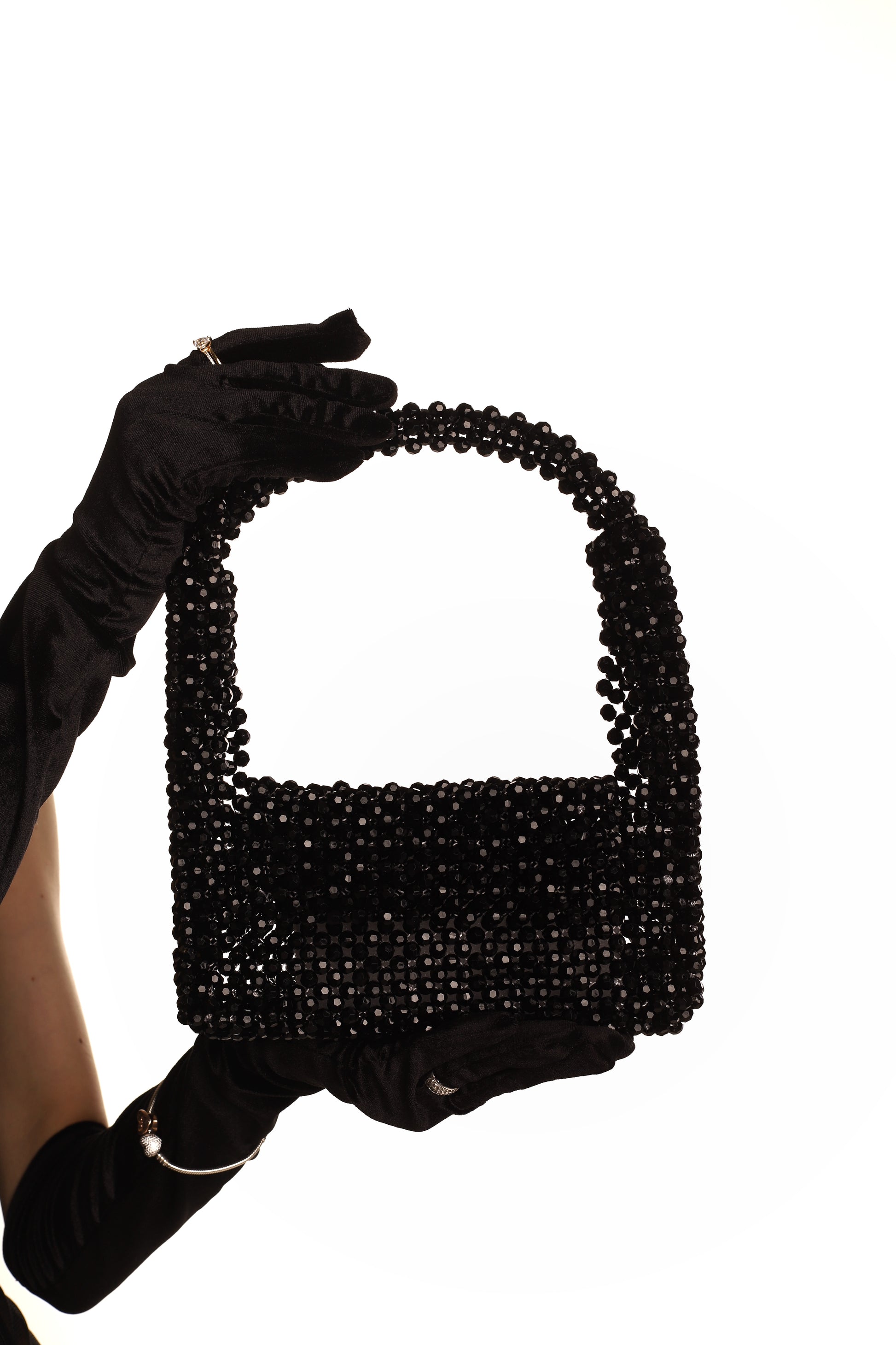 Black Shoulder Bag for Her/ Handmade Beaded Handle Purse for Party Out