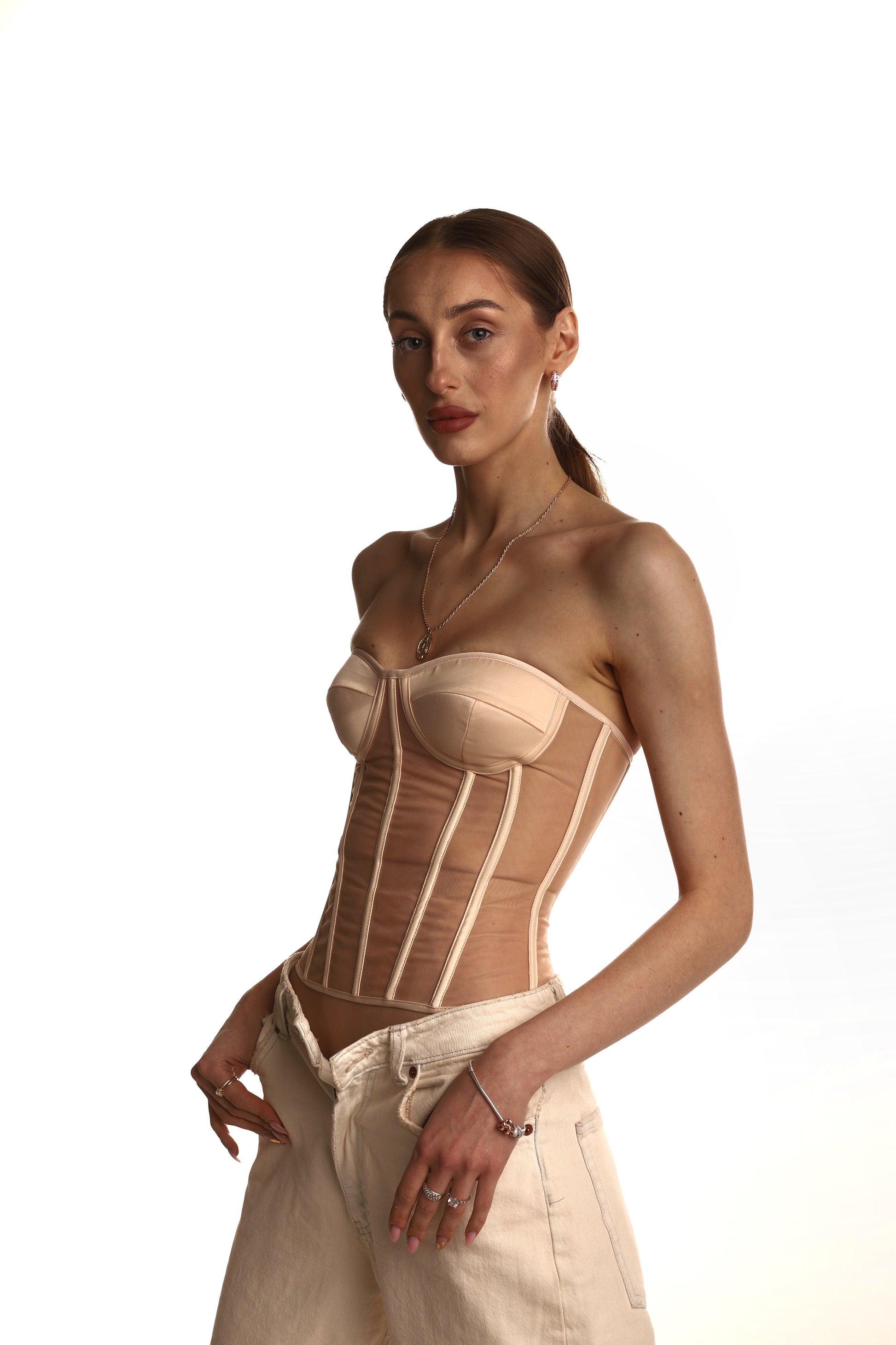 Handmade Beige Bridal Corset - Plus Size Push-Up Bustier, Wedding Ready