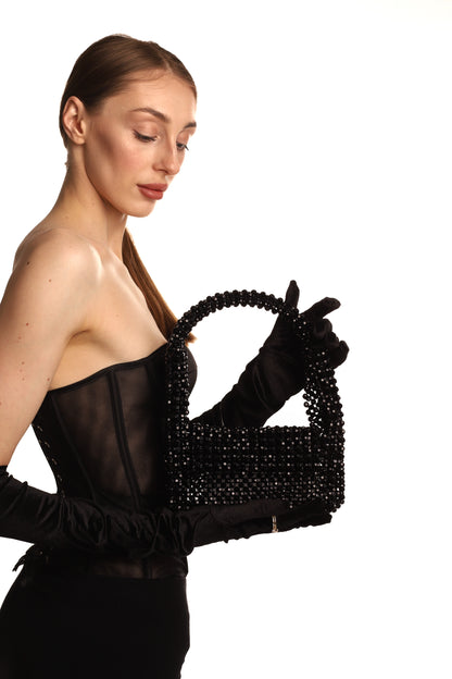 Black Shoulder Bag for Her/ Handmade Beaded Handle Purse for Party Out