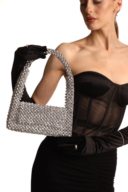 Silver Shoulder Bag for Her/ Handmade Beaded Purse for Night Out Party