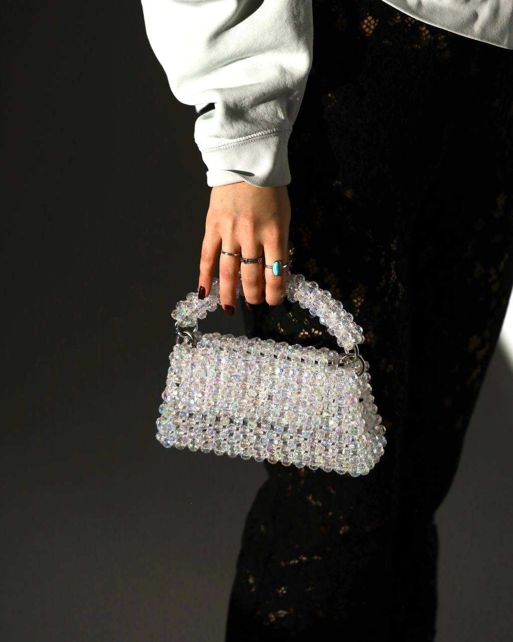 White Transparent Bag for Her/ Handmade Beaded Purse for Wedding Party