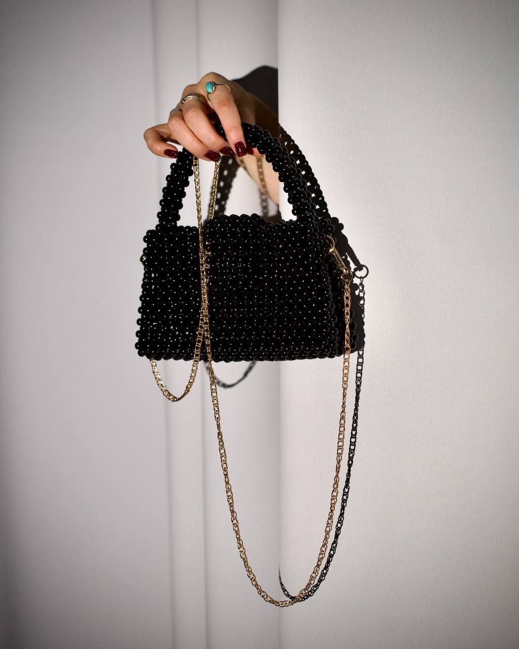 Black Shoulder Bag for Her/ Handmade Beaded Handle Purse for Party Out