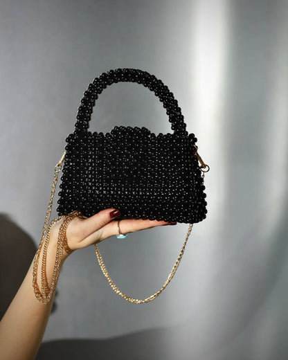 Black Shoulder Bag for Her/ Handmade Beaded Handle Purse for Party Out