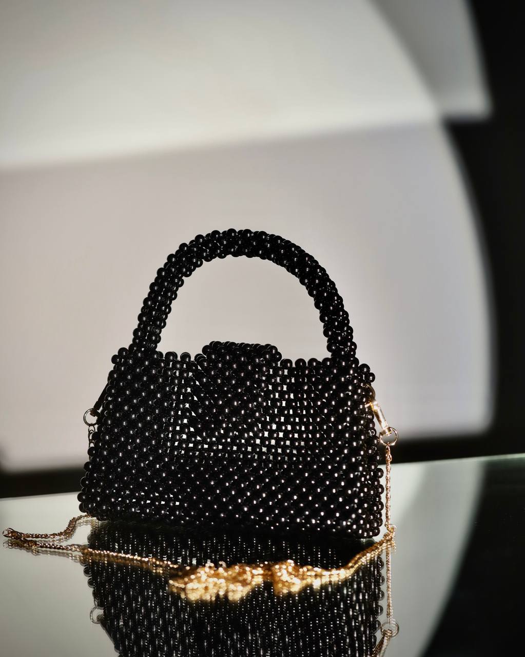 Black Shoulder Bag for Her/ Handmade Beaded Handle Purse for Party Out