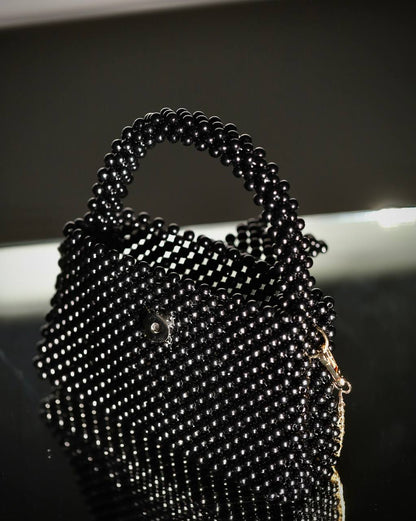 Black Shoulder Bag for Her/ Handmade Beaded Handle Purse for Party Out