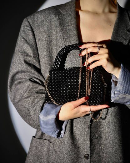 Black Shoulder Bag for Her/ Handmade Beaded Handle Purse for Party Out