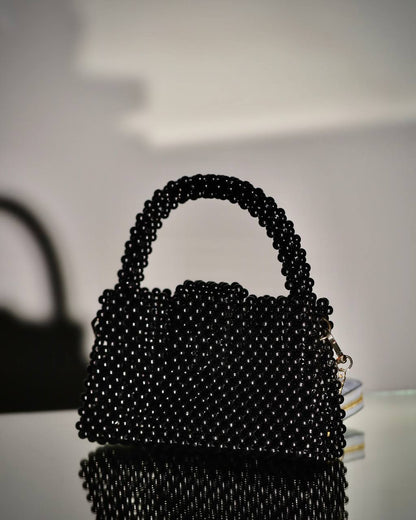 Black Shoulder Bag for Her/ Handmade Beaded Handle Purse for Party Out