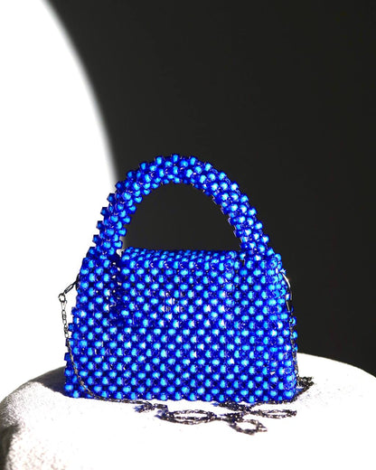 Handmade Blue Bead Handbag for Her/ Purse with Stainless Chain Handle