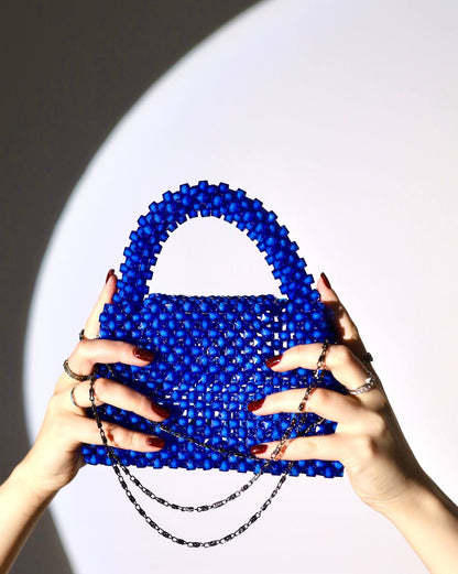 Handmade Blue Bead Handbag for Her/ Purse with Stainless Chain Handle