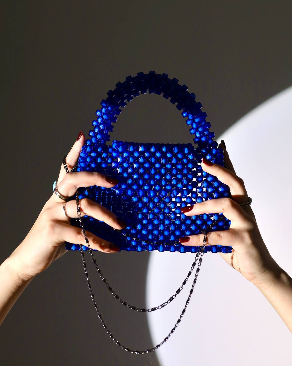 Handmade Blue Bead Handbag for Her/ Purse with Stainless Chain Handle