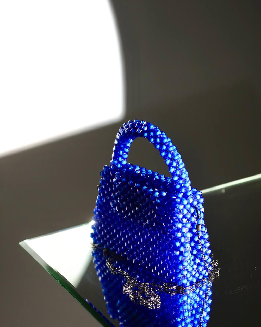 Handmade Blue Bead Handbag for Her/ Purse with Stainless Chain Handle