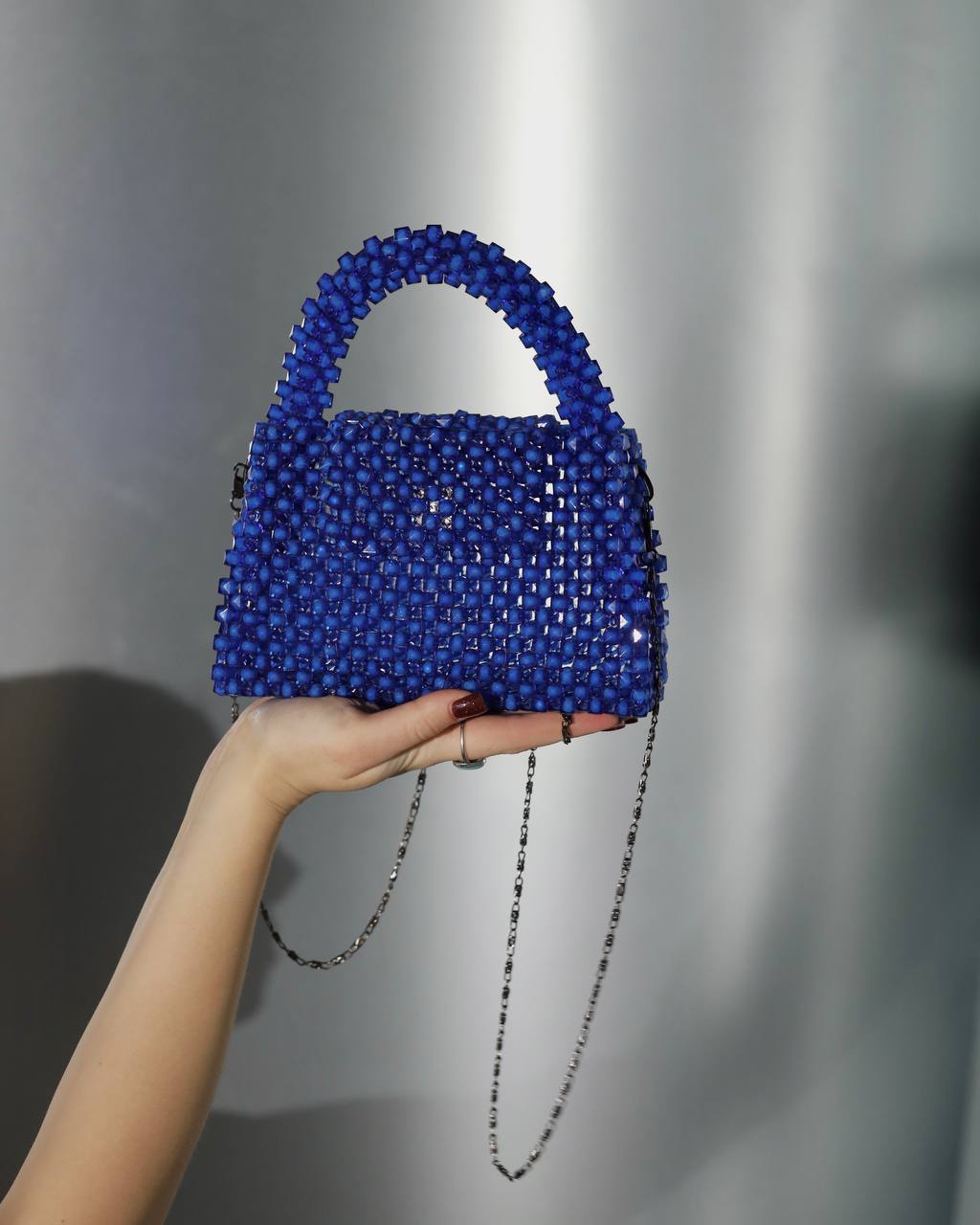 Handmade Blue Bead Handbag for Her/ Purse with Stainless Chain Handle