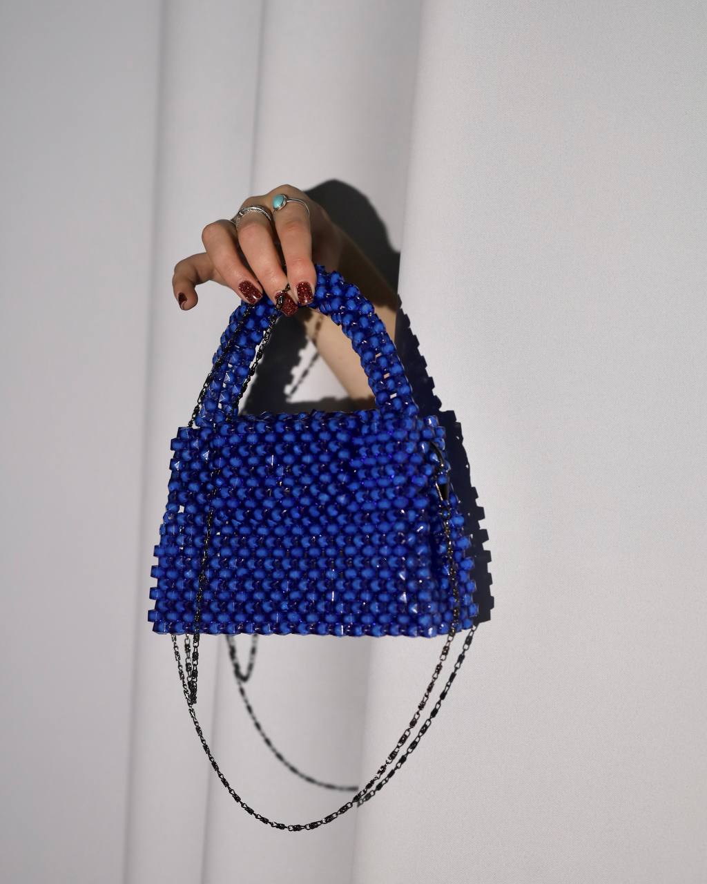 Handmade Blue Bead Handbag for Her/ Purse with Stainless Chain Handle