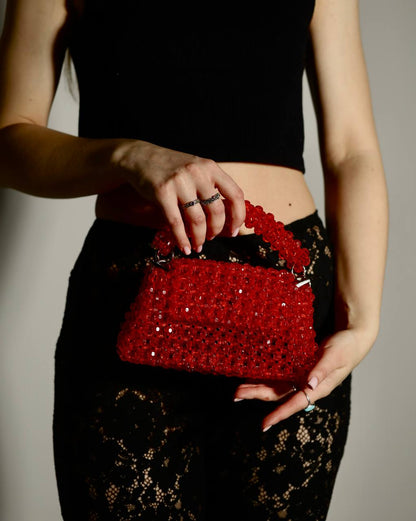 Handmade Red Beaded Handbag for Her/ Handcrafted Bead Purse with Chain