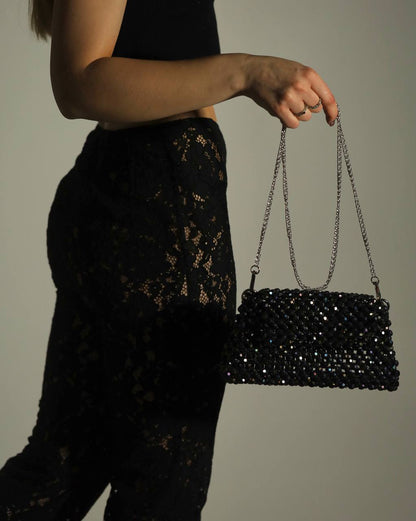 Handmade Black Beaded Handbag for Her/ Handcrafted Bead Purse Bag