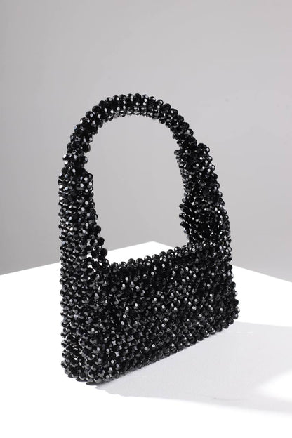 Black Shoulder Bag for Her/ Handmade Beaded Handle Purse for Party Out