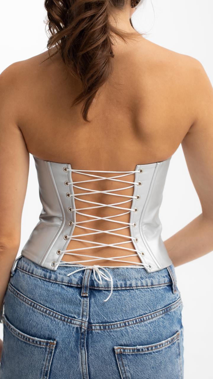 Handmade Silver Leather Corset - Plus Size Bridal Shaping Overbust Top