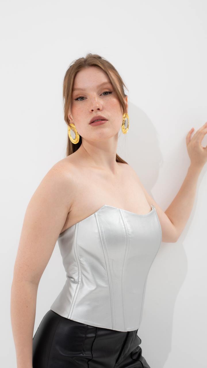 Handmade Silver Leather Corset - Plus Size Bridal Shaping Overbust Top