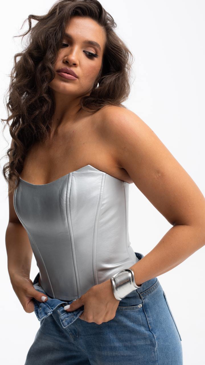 Handmade Silver Leather Corset - Plus Size Bridal Shaping Overbust Top