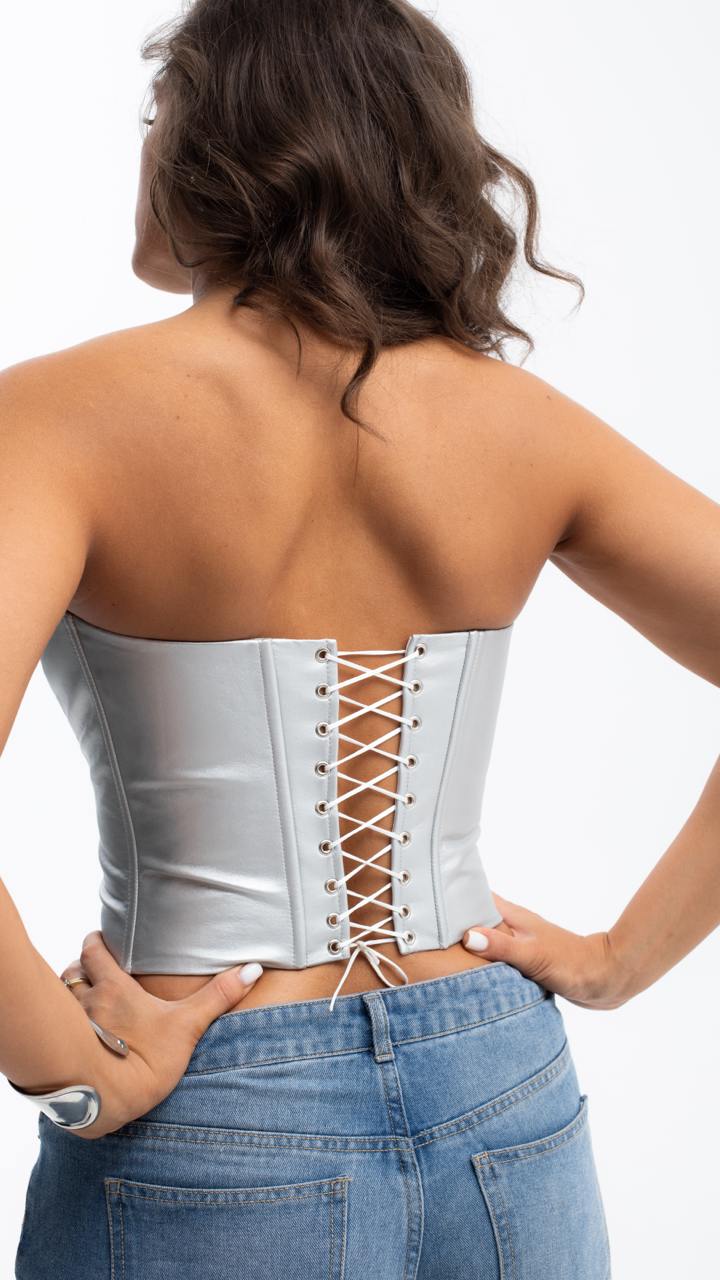 Handmade Silver Leather Corset - Plus Size Bridal Shaping Overbust Top