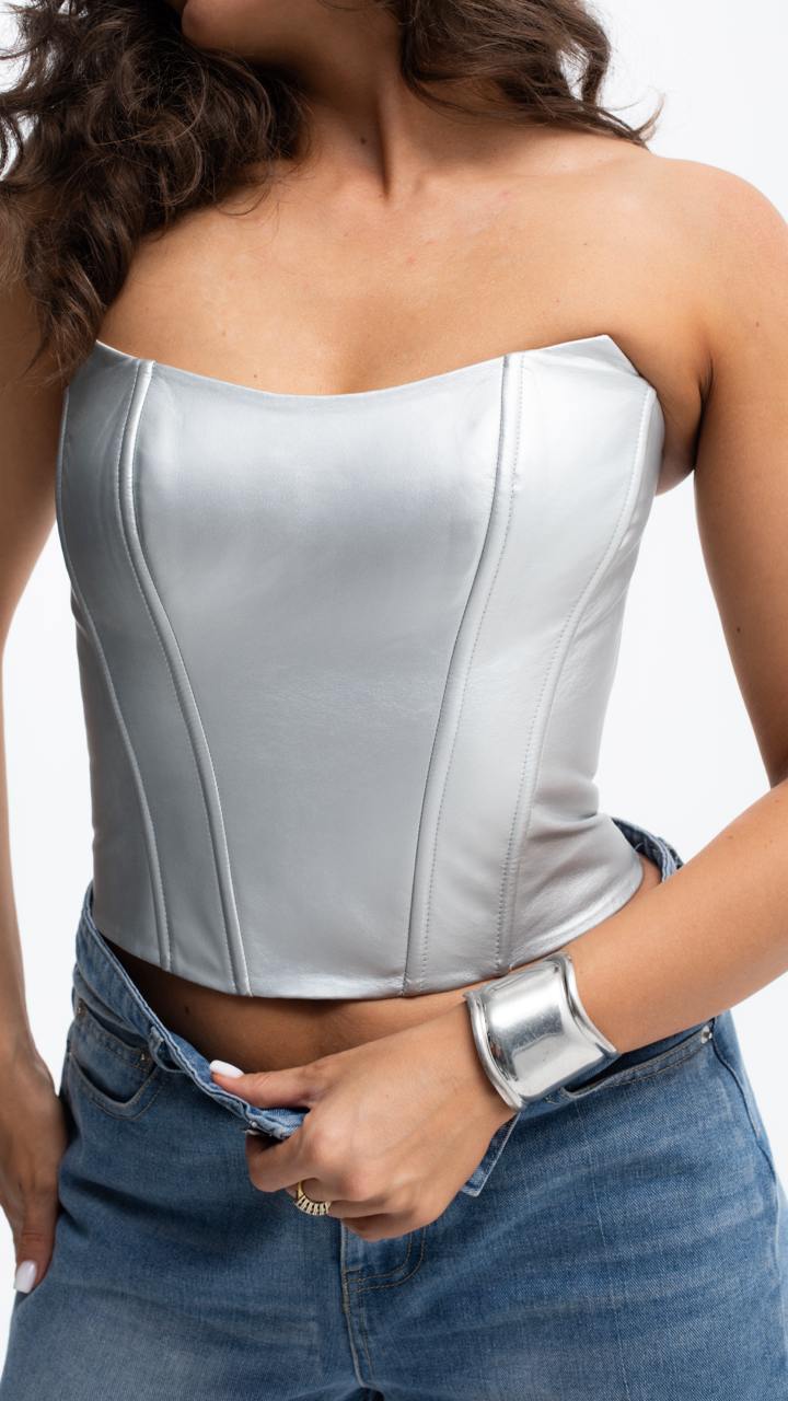 Handmade Silver Leather Corset - Plus Size Bridal Shaping Overbust Top