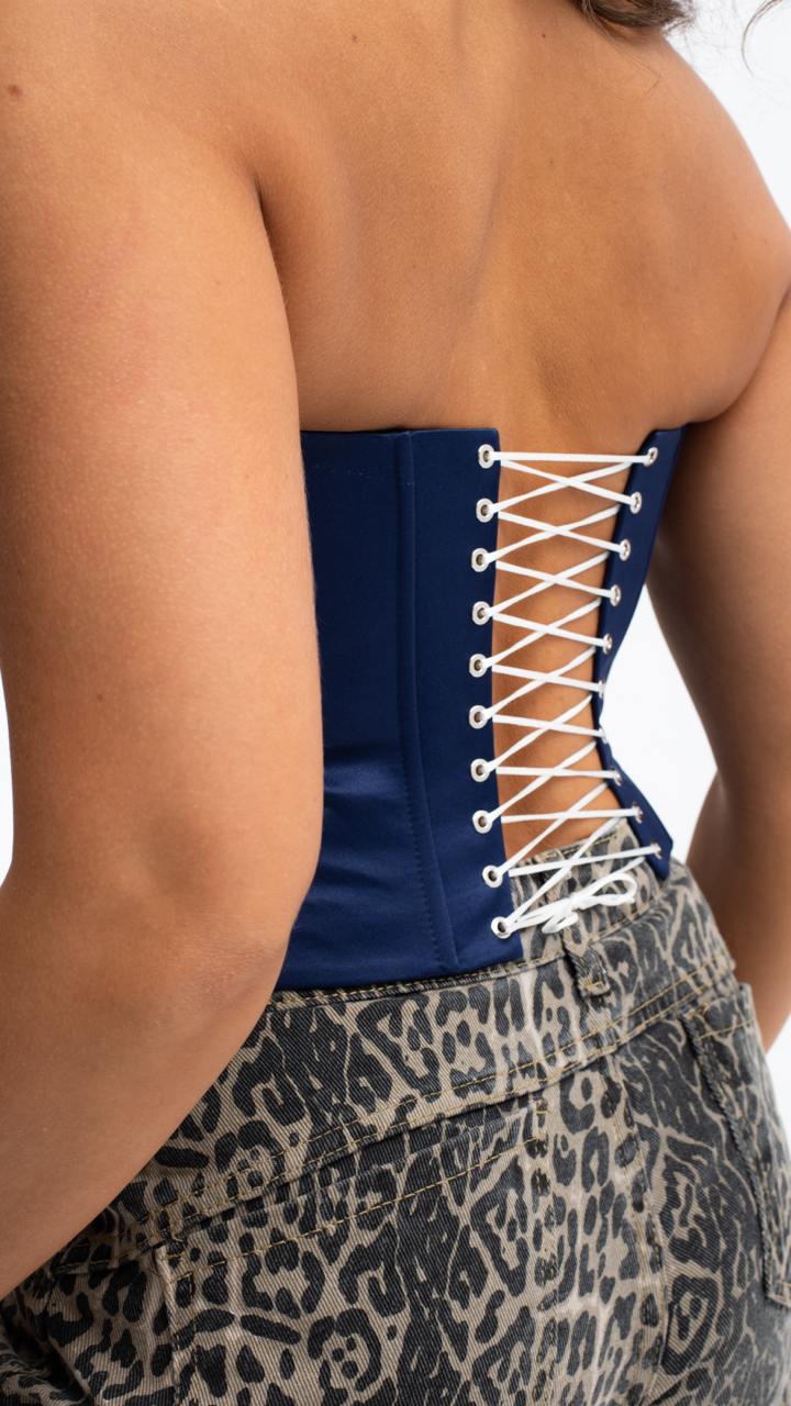 Handmade Dark Blue Satin Boho Overbust Corset, Slimming Statement Gift

