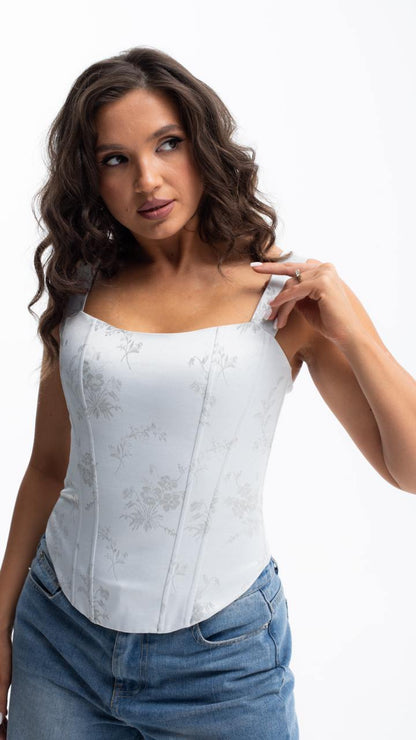 Handmade Grey Satin Floral Overbust Corset Top, Slimming Bridal Gift

