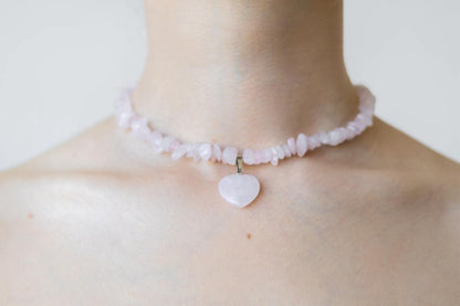 Handcrafted Necklace with Natural Stones, Rose Quartz - Marble Heart