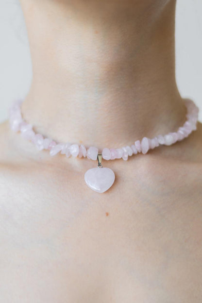 Handcrafted Necklace with Natural Stones, Rose Quartz - Marble Heart