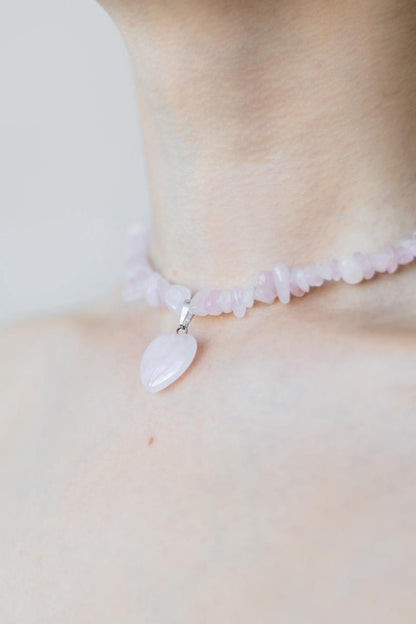 Handcrafted Necklace with Natural Stones, Rose Quartz - Marble Heart