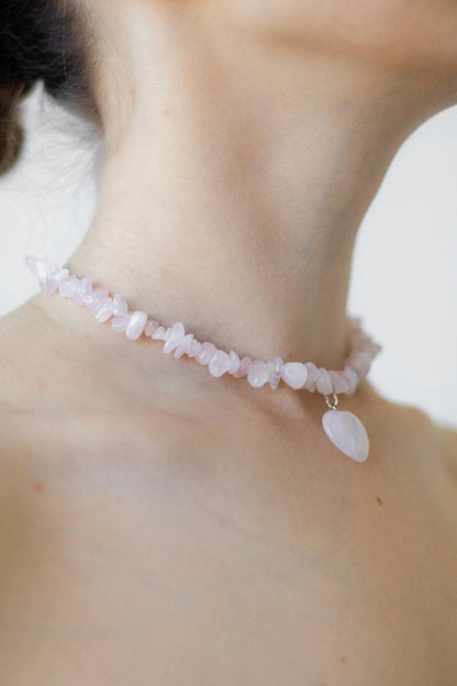 Handcrafted Necklace with Natural Stones, Rose Quartz - Marble Heart