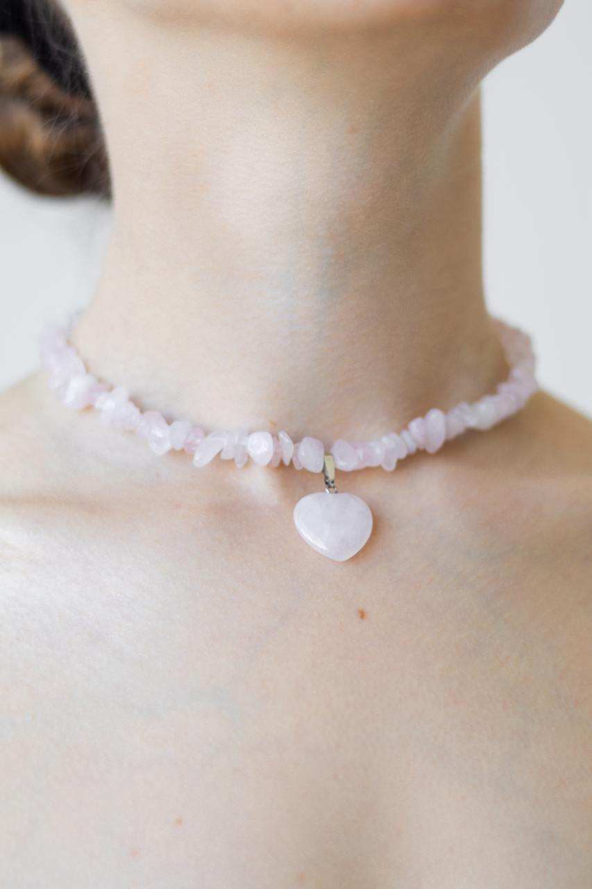 Handcrafted Necklace with Natural Stones, Rose Quartz - Marble Heart