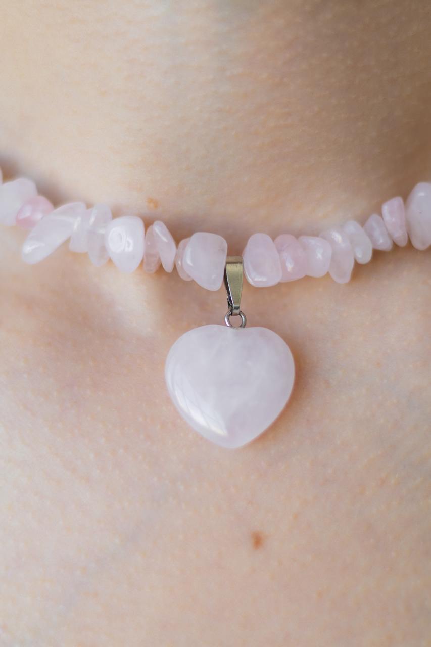 Handcrafted Necklace with Natural Stones, Rose Quartz - Marble Heart