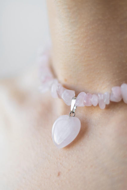 Handcrafted Necklace with Natural Stones, Rose Quartz - Marble Heart