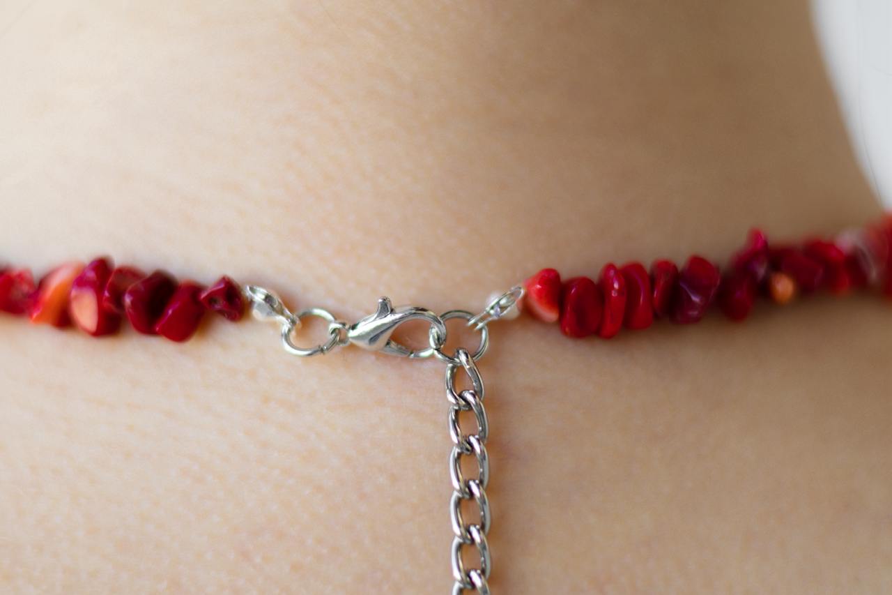 Handcrafted Necklace with Natural Stones, Coral Stone - Crimson Marble