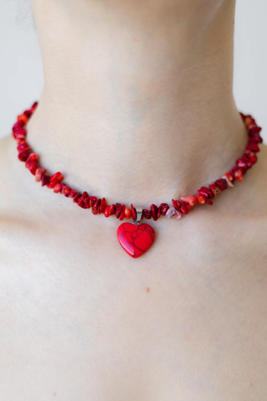 Handcrafted Necklace with Natural Stones, Coral Stone - Crimson Marble