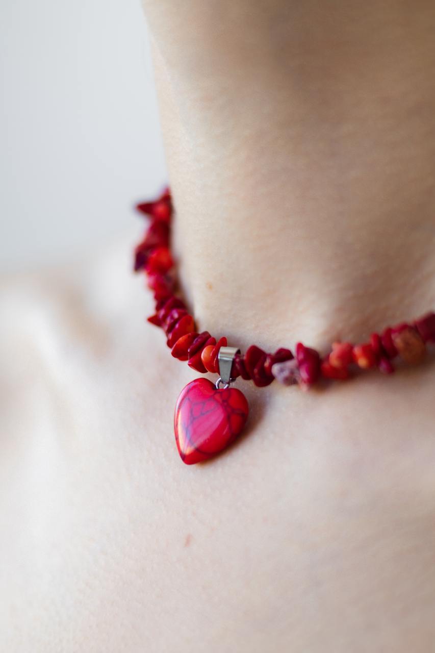 Handcrafted Necklace with Natural Stones, Coral Stone - Crimson Marble