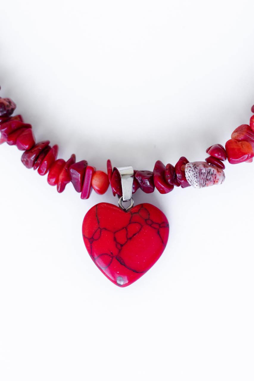 Handcrafted Necklace with Natural Stones, Coral Stone - Crimson Marble