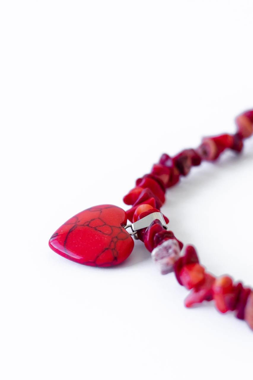 Handcrafted Necklace with Natural Stones, Coral Stone - Crimson Marble