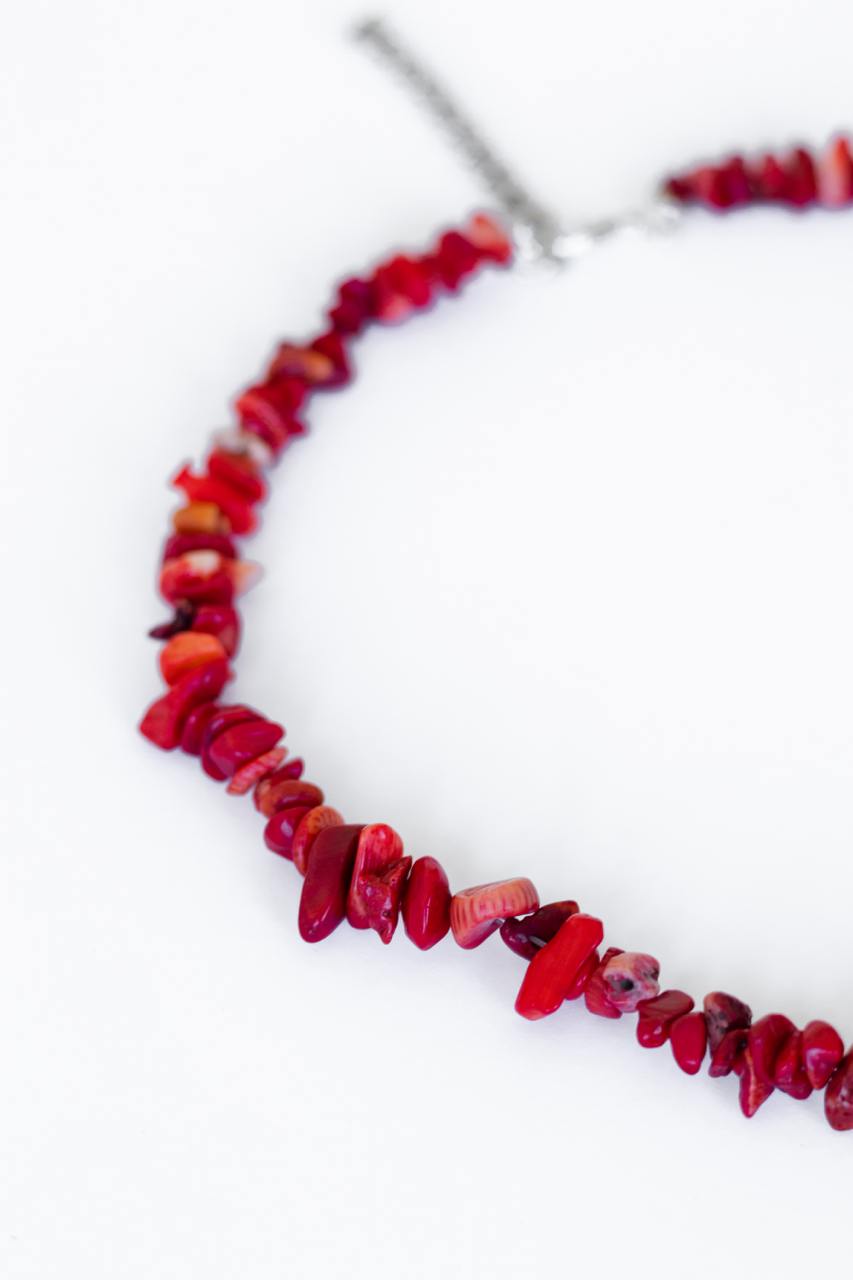 Handcrafted Necklace with Natural Stones, Coral Stone - Crimson Marble