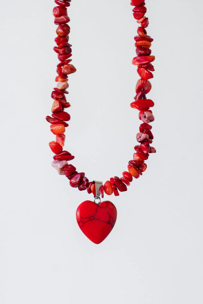 Handcrafted Necklace with Natural Stones, Coral Stone - Crimson Marble